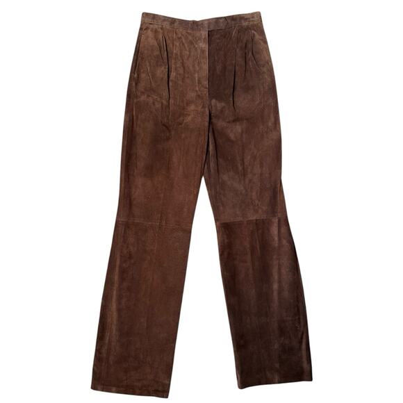 Vintage Pig Suede Leather Pants Chocolate Brown Pleated Straight Leg Size 6-8 - Picture 1 of 10